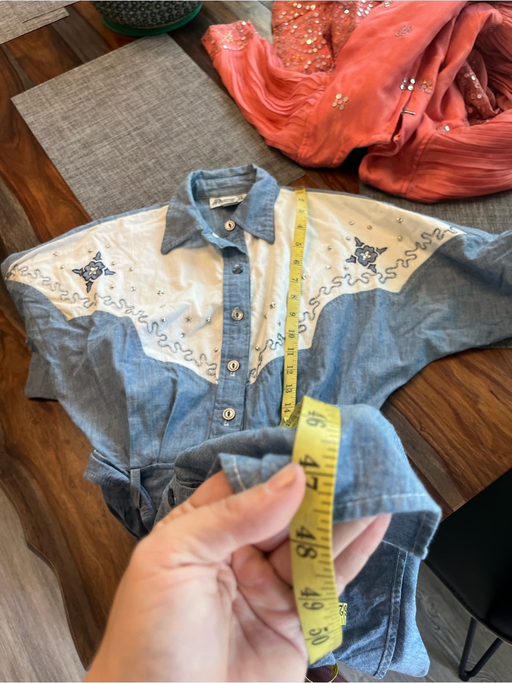 Real Vintage Made in USA Embroidered Chambray Cowgirl Shirt Dress w Belt Cotton - Picture 7 of 16